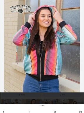 Crazy Train Hooded Bomber Jacket in Turquoise, Pink & Orange Stripe